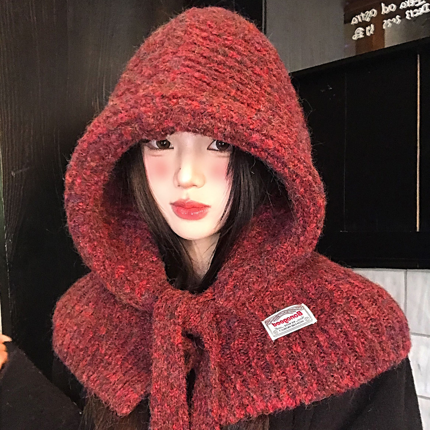 新年红色巴拉克拉法帽女冬季加厚保暖针织帽子围巾一体护耳套头帽