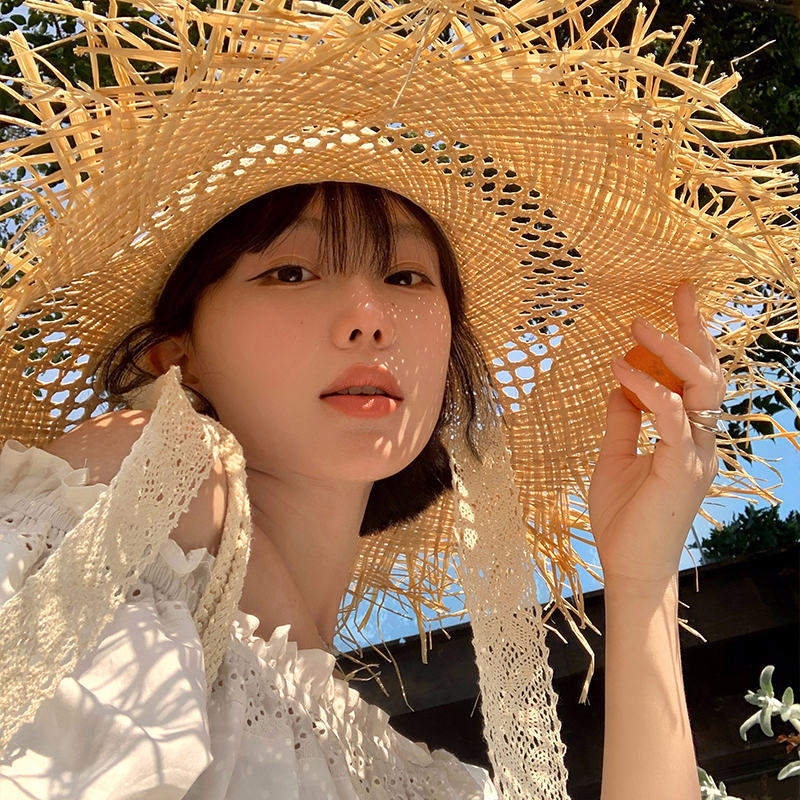 法式镂空飘带拉菲草帽女夏季海边