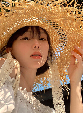法式镂空飘带拉菲草帽女夏季海边