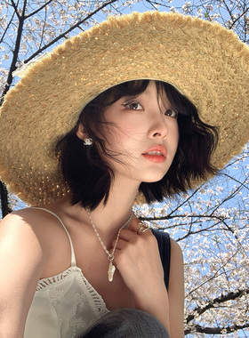 法式白色系带拉菲草帽女夏季大帽檐显脸小海边沙滩帽防晒遮阳帽子