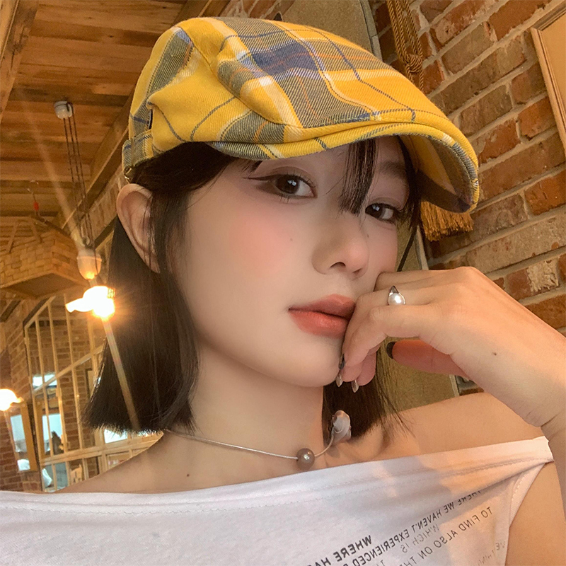 黄色格子大头围前进帽子女2025年