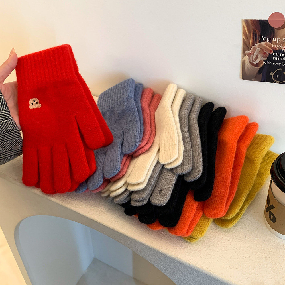 CUTE BEAR FINGER KNITTED WOOLEN GLOVES FEMALE AUTUMN AND WINTER 2023 NEW WINDPROOF WARM SOLID COLOR STUDENT TIDE