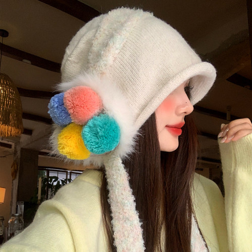 彩色毛绒球耳包针织帽女秋冬季