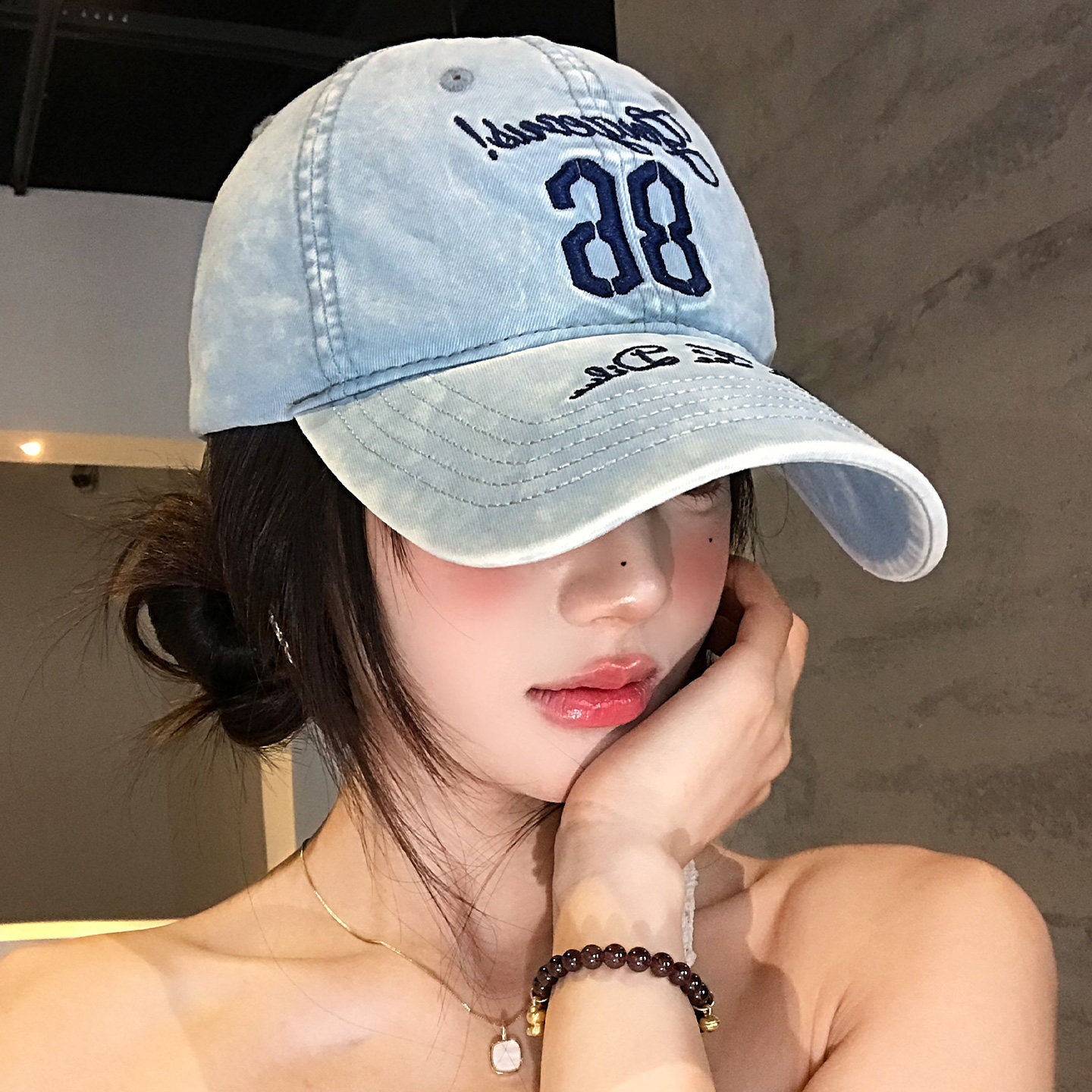 韩系刺绣水洗牛仔蓝色棒球帽女款图片