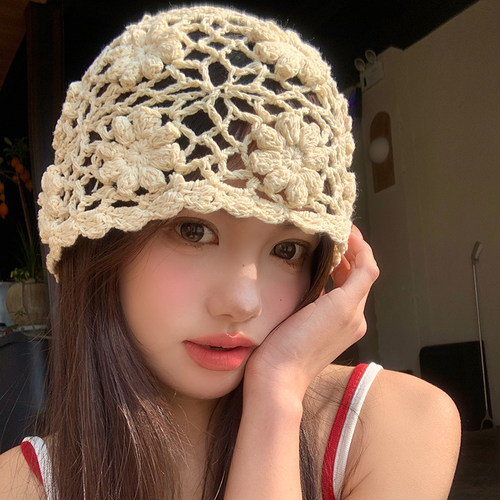 镂空手工钩花针织帽子女2026年春