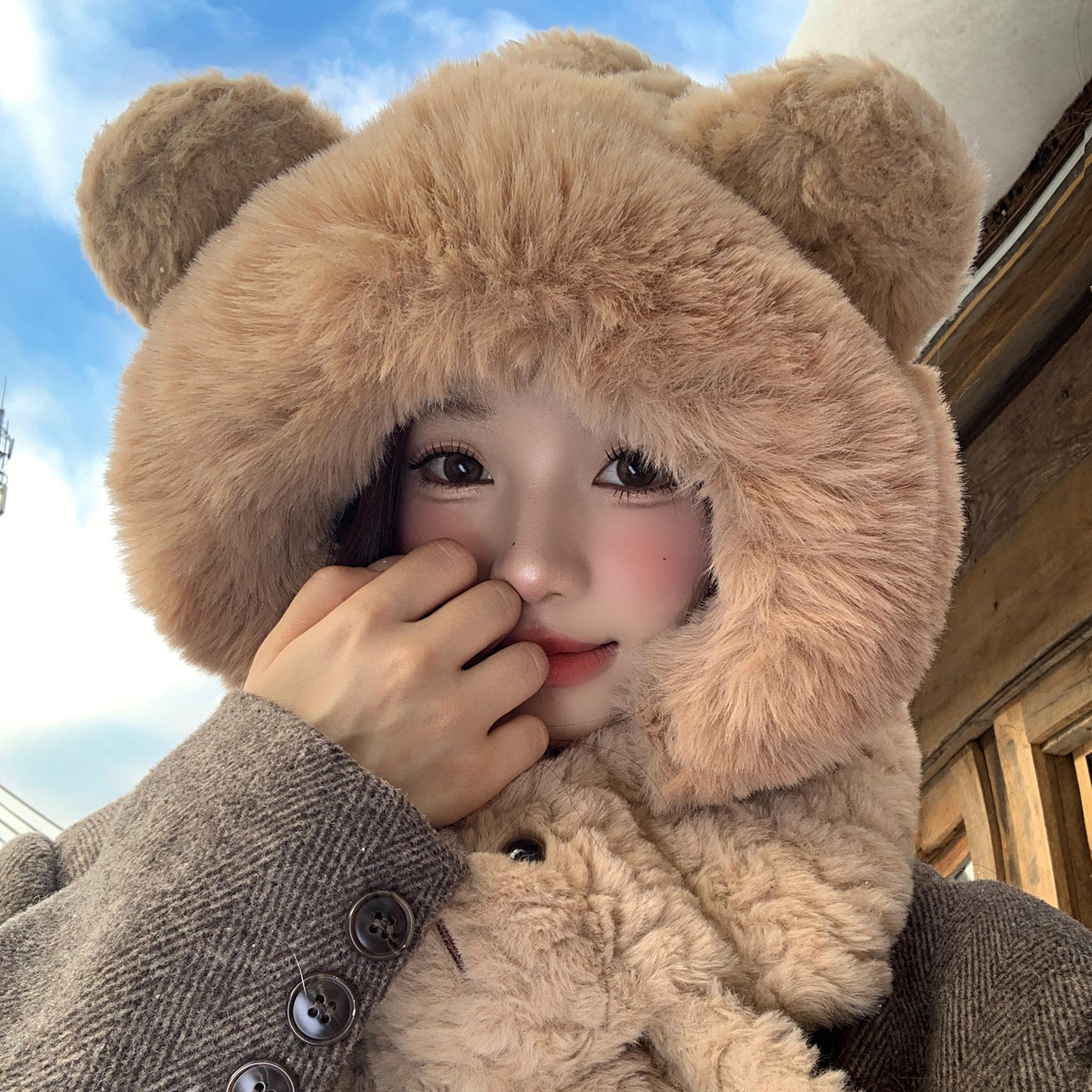 小熊耳朵毛绒帽子围巾一体女冬