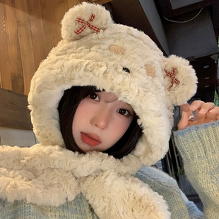 可爱纽扣小熊毛绒帽女2025年冬季 帽子围巾一体加厚保暖护耳雷锋帽