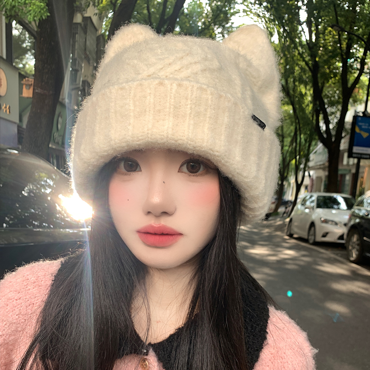 可爱猫耳朵毛线帽女2025新款秋冬