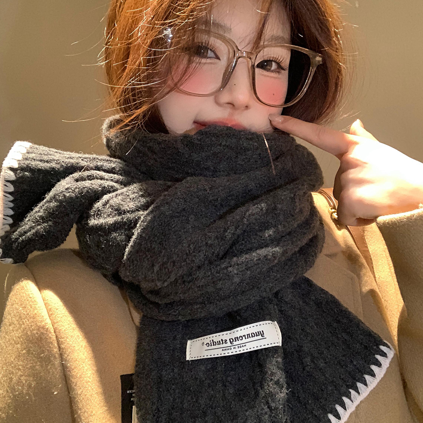 高级感含羊绒灰色针织围巾女秋冬