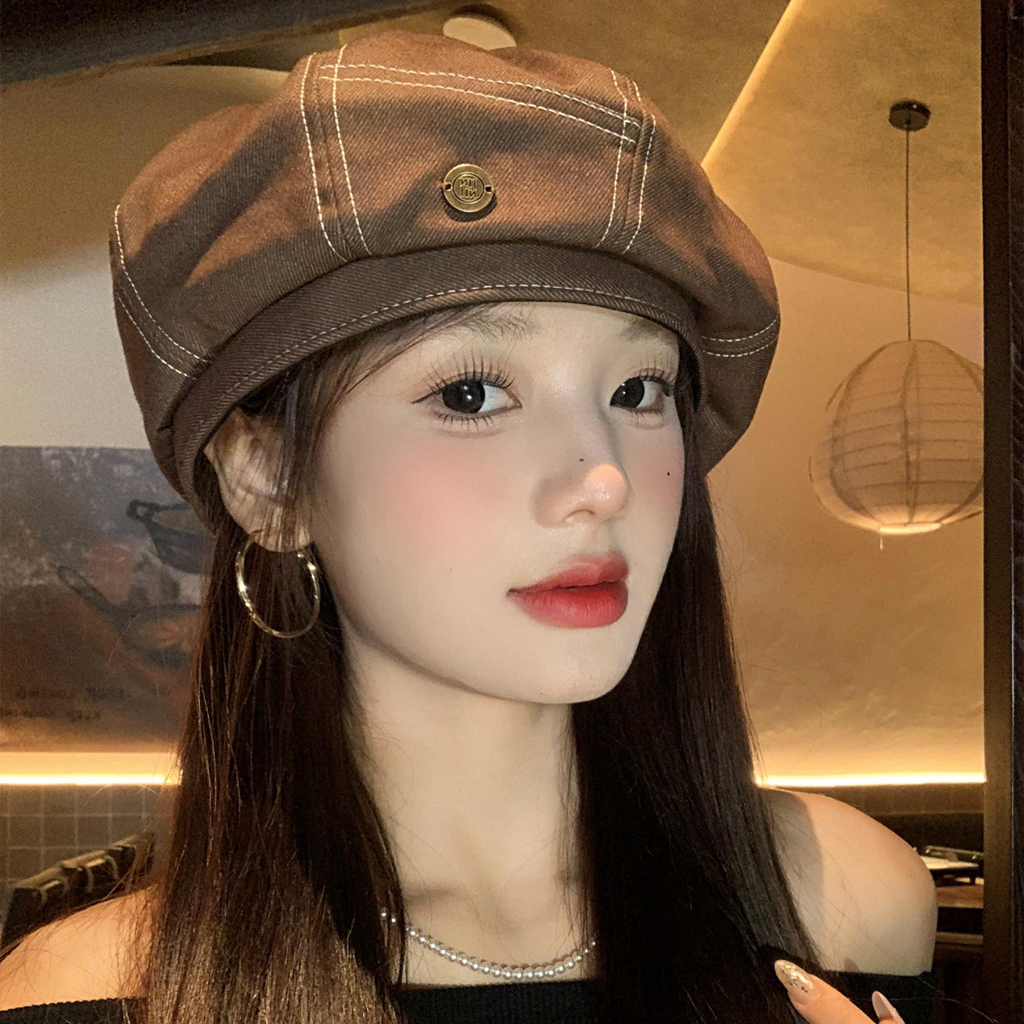 日系复古金属小标八角贝雷帽女