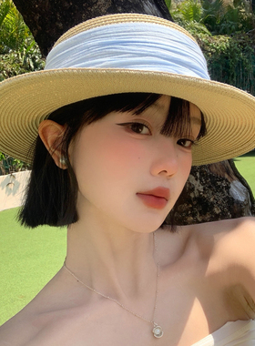 法式平顶蓝色织带草帽女夏海边沙滩遮阳防晒帽度假优雅气质礼帽子