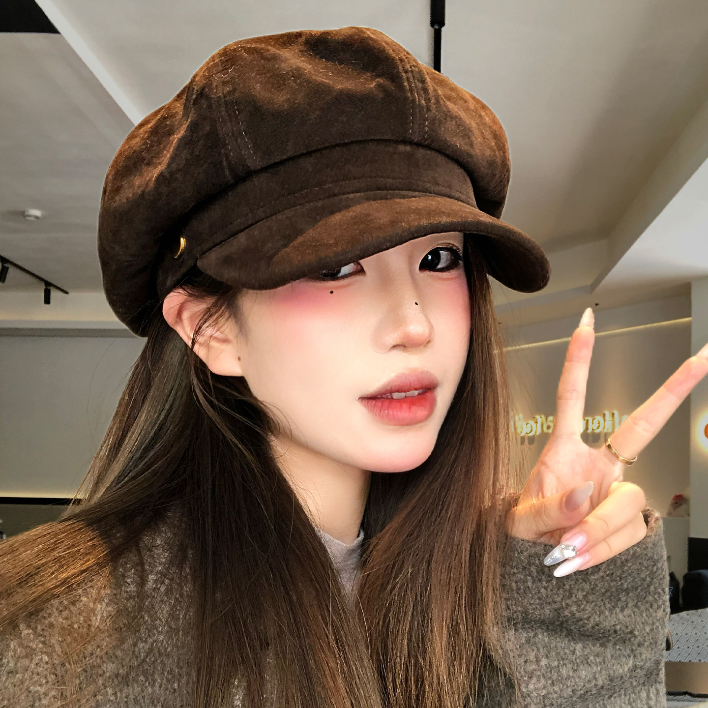 美拉德咖色麂皮绒贝雷帽女秋冬复古文艺百搭显脸小八角帽子报童帽