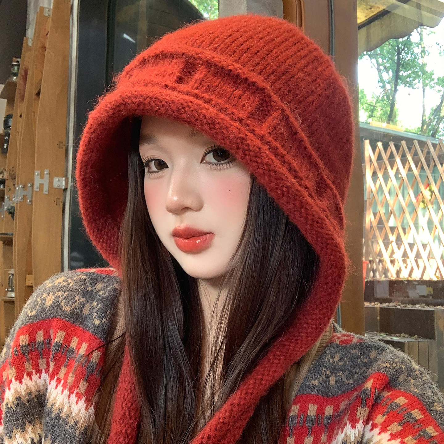 红色针织毛线帽女秋冬季保暖