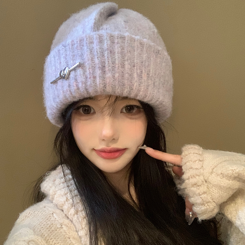 爱心标紫色针织毛线帽女2025秋冬