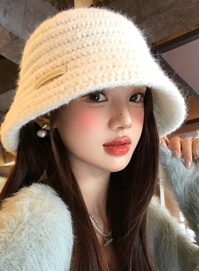 简约纯色毛绒针织渔夫帽女秋冬季