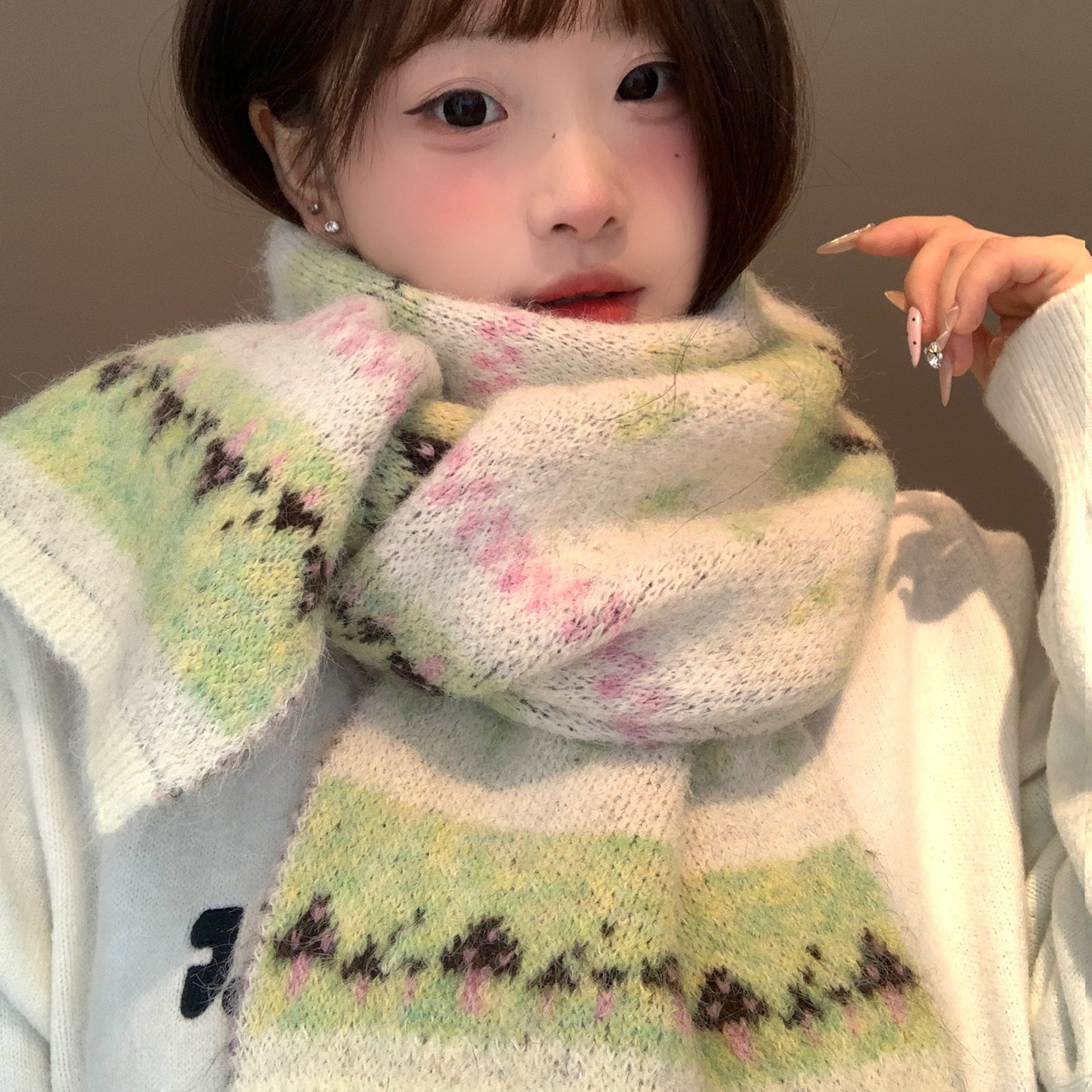 费尔岛小蘑菇针织毛线围巾女秋冬