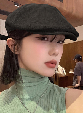 黑色反戴大头围前进帽女春秋复古简约画家贝雷帽显脸小鸭舌帽子潮