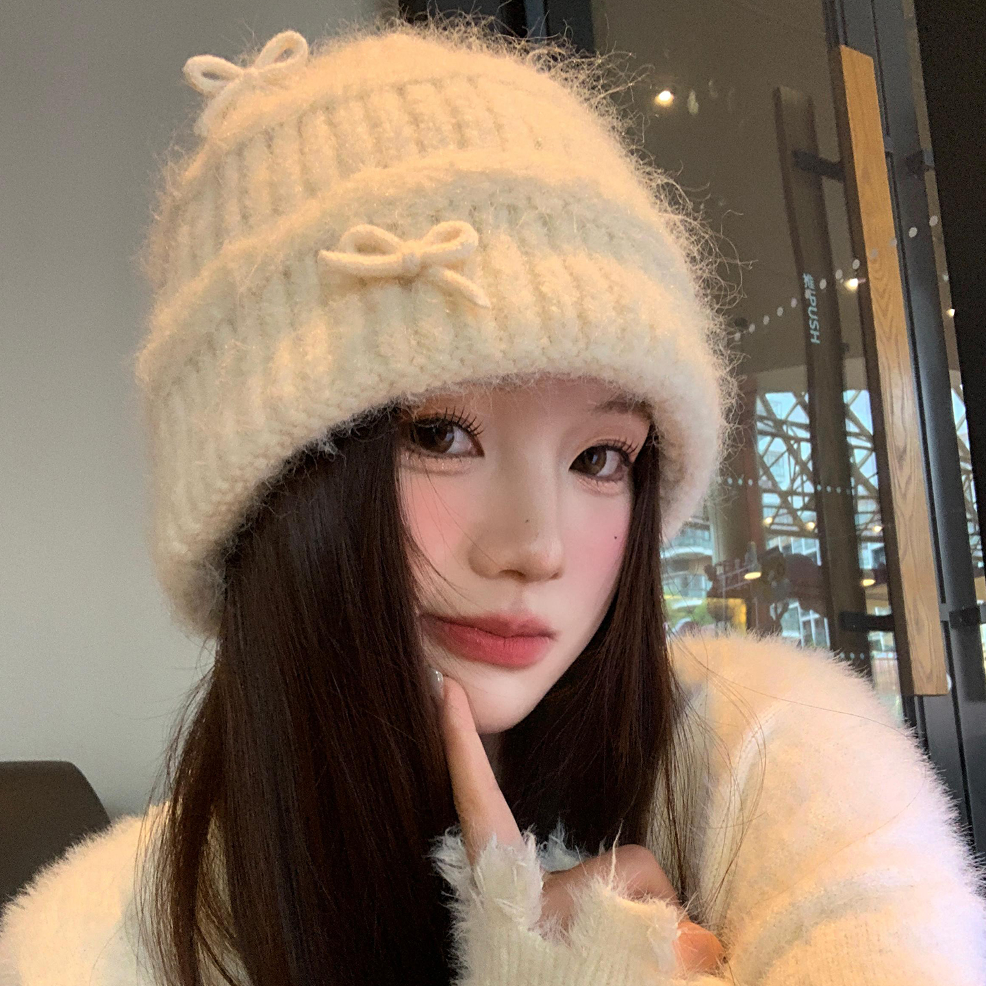 白色蝴蝶结毛绒针织帽秋冬显脸小