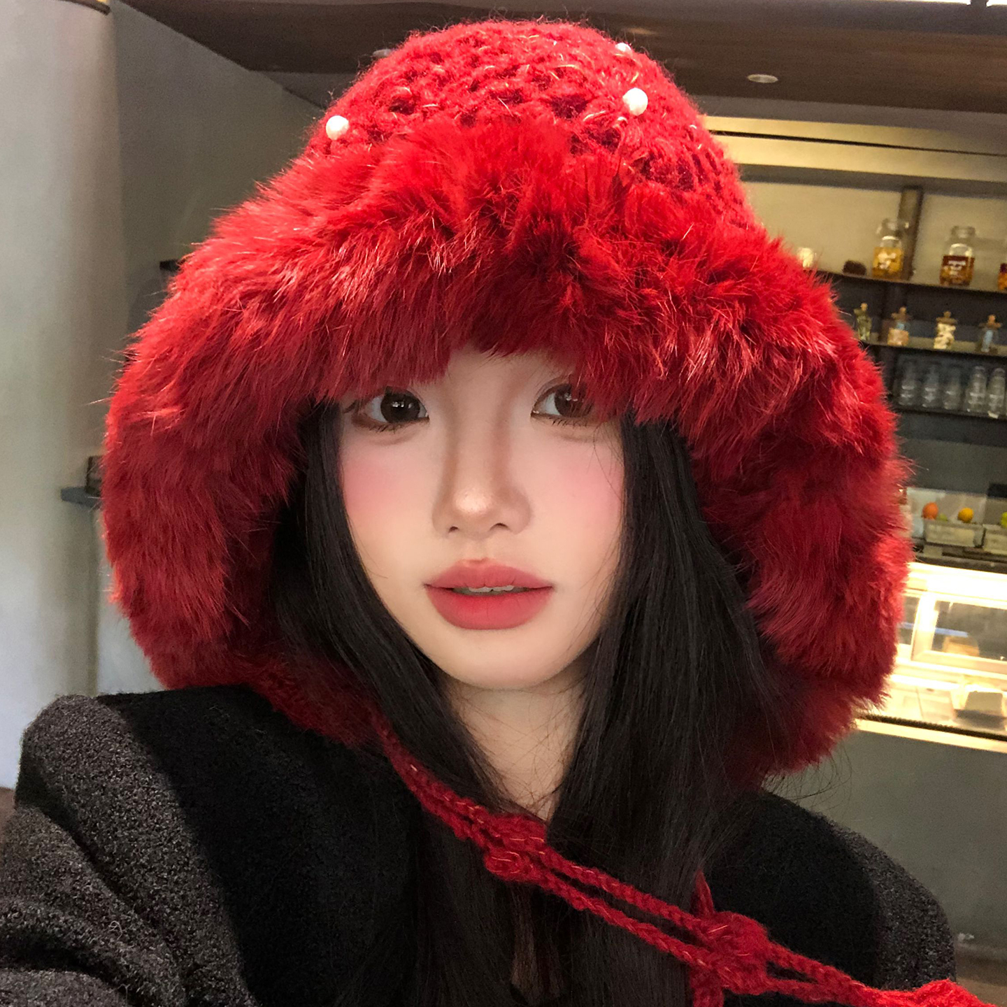 兔毛红色珍珠护耳毛绒帽冬季保暖