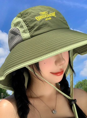 绿色网眼绑带登山帽女夏季大帽檐户外渔夫帽速干透气遮阳防晒帽子