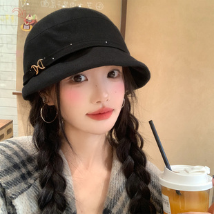 高级感黑色气质渔夫帽女2026新款 盆帽显脸小大头围水桶帽子 秋冬季