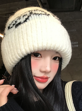 白色大头围针织帽女冬季加厚保暖冷帽显脸小学生韩系护耳毛线帽子
