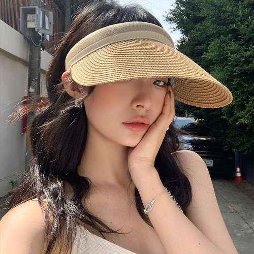 遮阳草编空顶帽女夏季大帽檐太阳