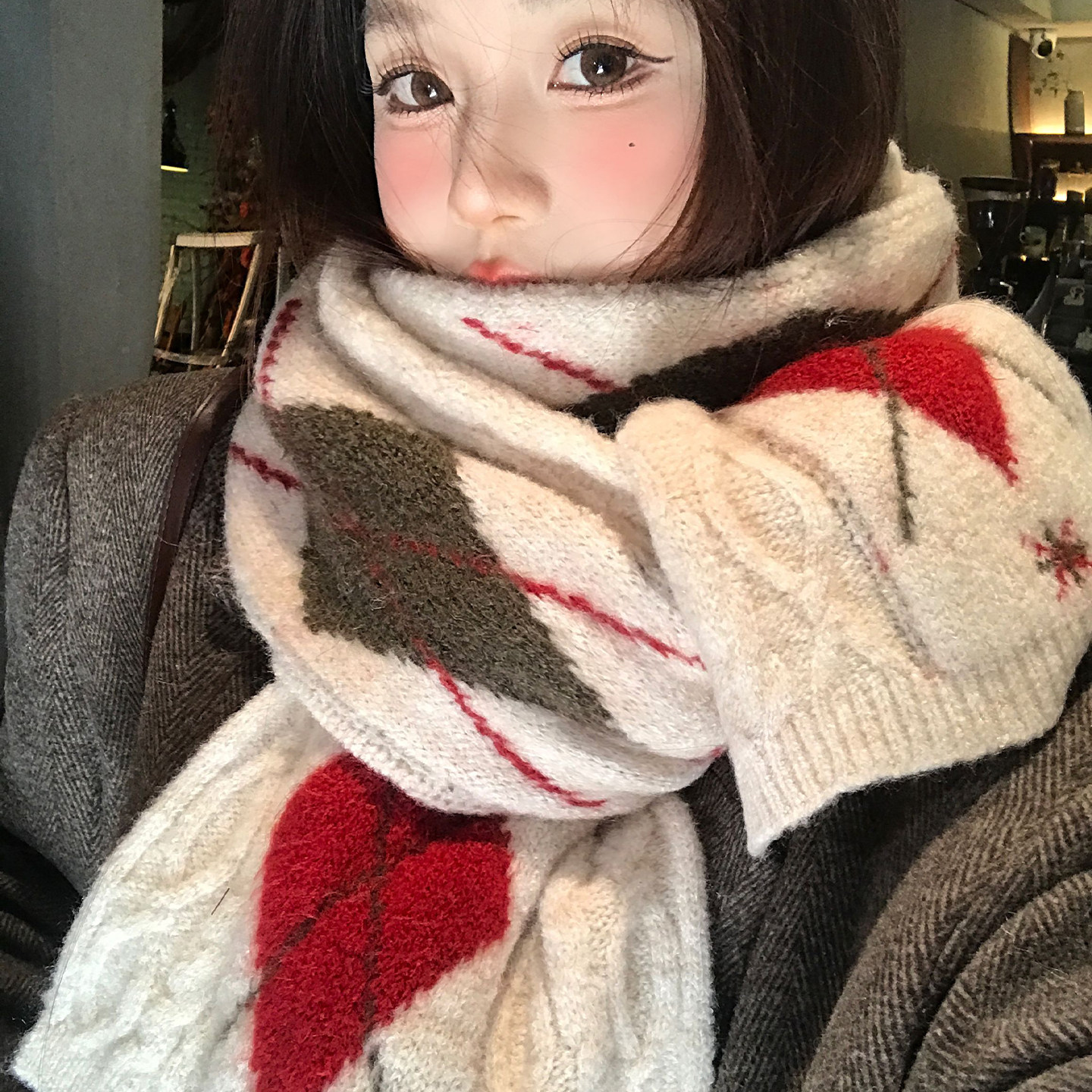 高级感复古菱形格子针织围巾女秋冬季加厚保暖防寒氛围感毛线围脖