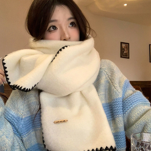 仿羊绒锁边白色针织围巾女2025年秋冬韩系氛围感保暖学生护颈围脖