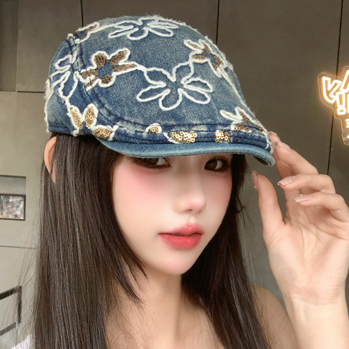 复古牛仔亮片刺绣花朵前进帽女士