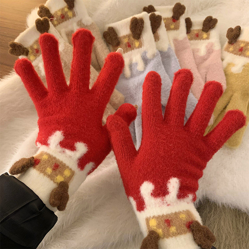 可爱鹿角露指可触屏毛绒手套女冬季韩版百搭学生保暖防寒骑行五指