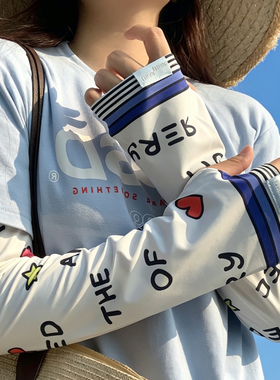 蓝色花朵冰丝防晒袖套女夏遮阳透气冰袖宽松户外开车骑行防紫外线