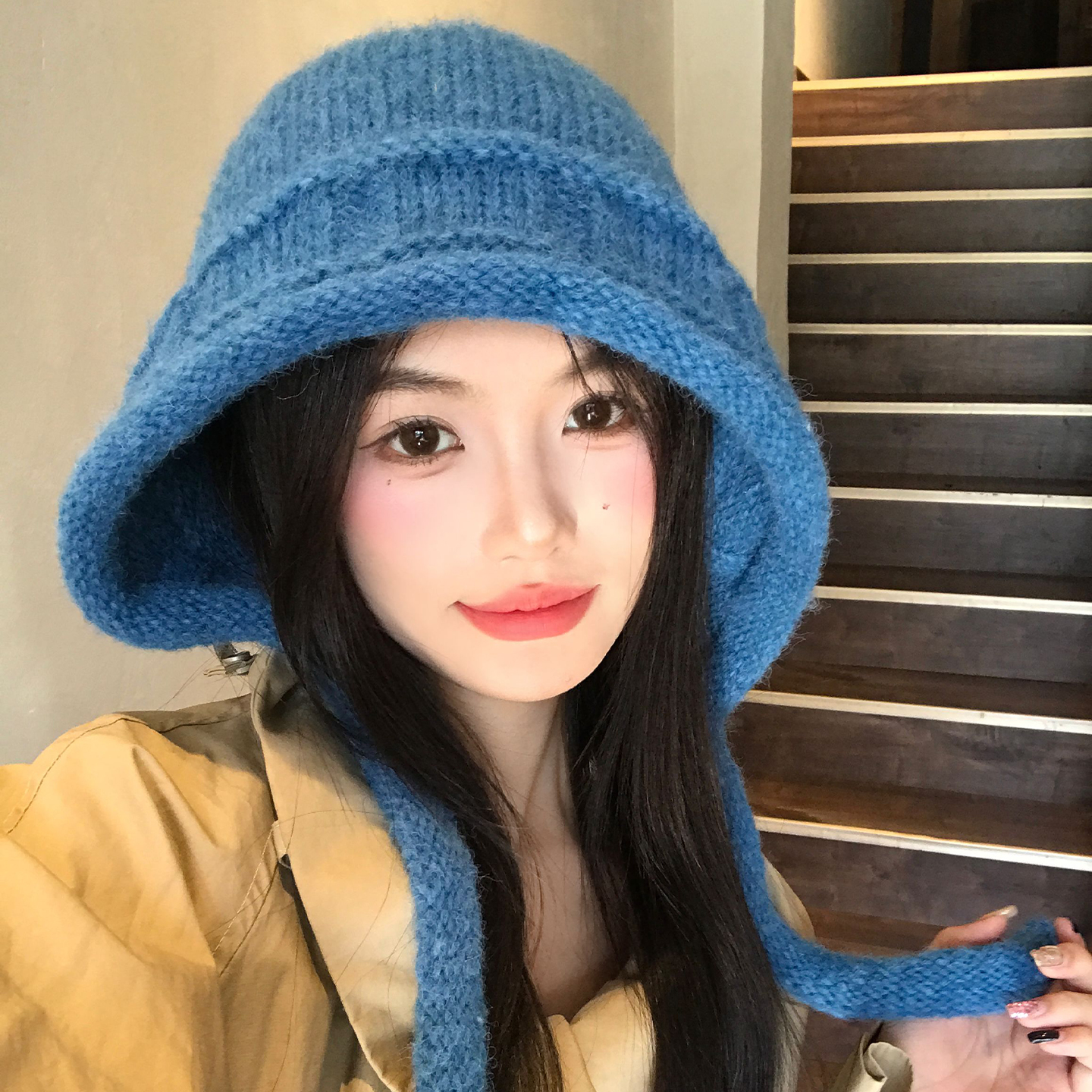 蓝色加厚针织帽子女秋冬季大头围