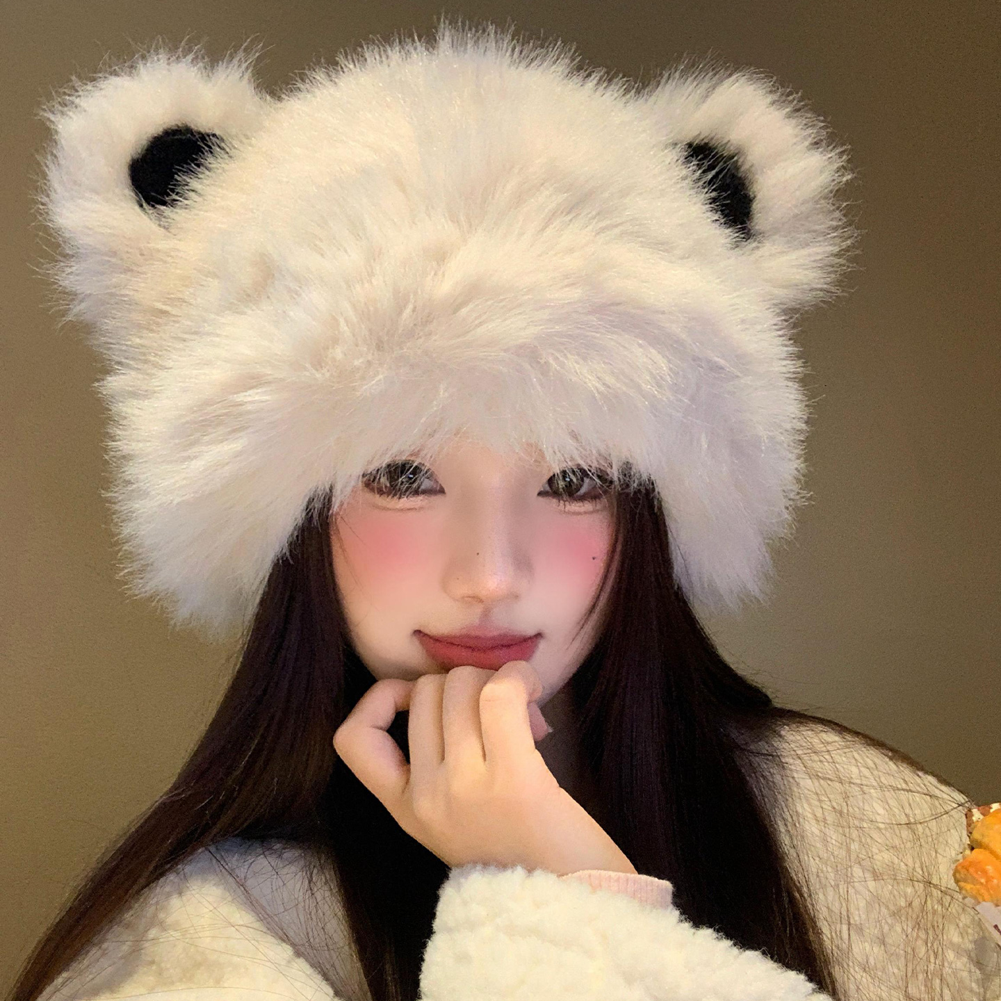 可爱小熊耳朵毛绒帽女秋冬韩版