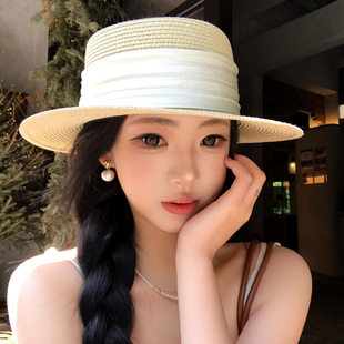 法式 优雅平顶草帽女夏度假海边遮阳大头围防晒帽高级感气质礼帽子