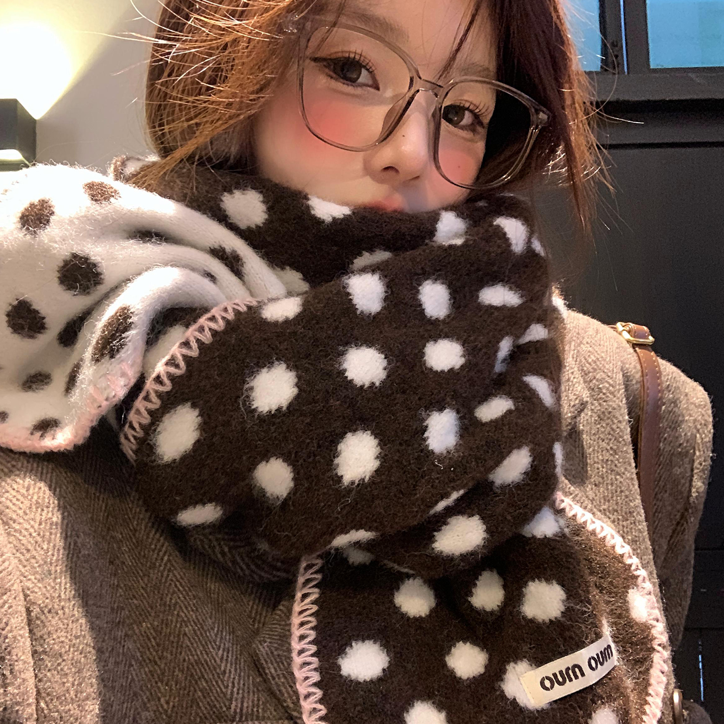 双面波点针织毛绒围巾秋冬氛围感
