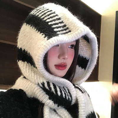 韩系ins风黑白条纹巴拉克拉法帽