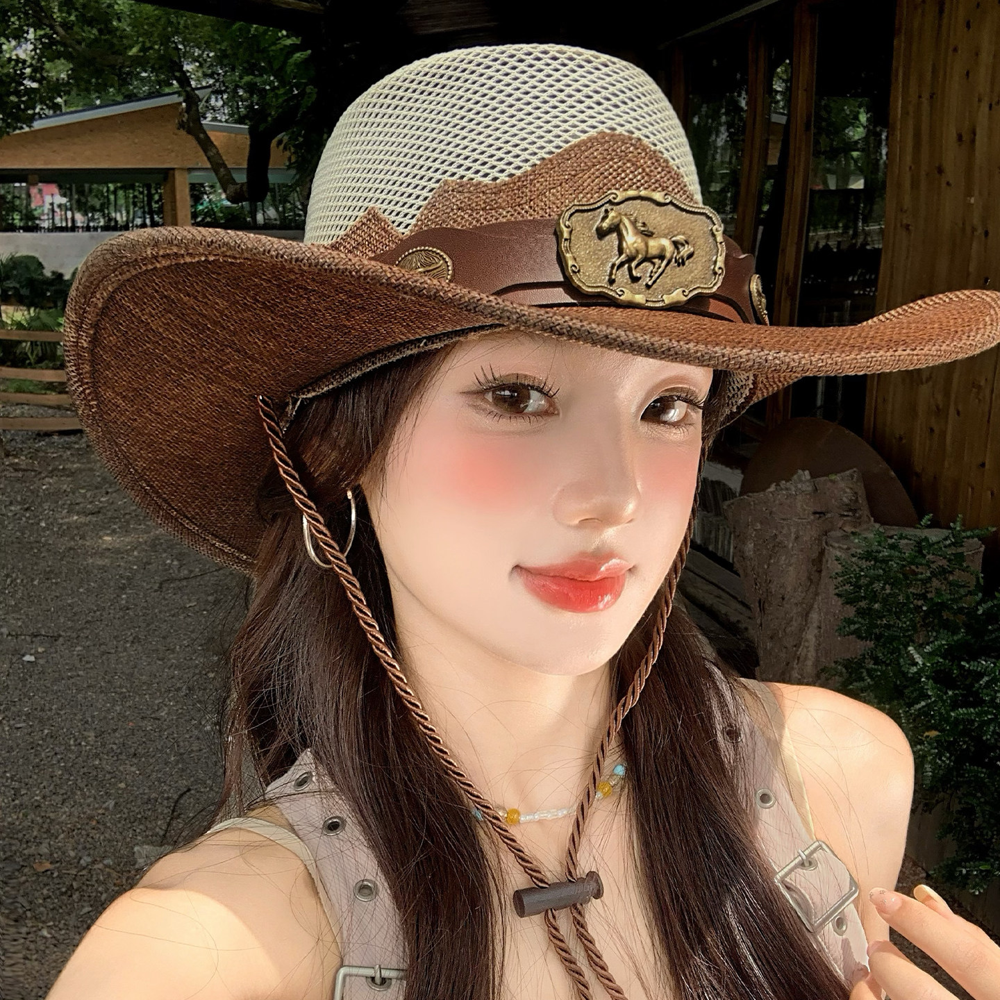 复古民族风大帽檐网眼西部牛仔帽女夏季川西旅游透气遮阳防晒帽子