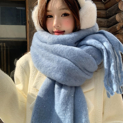 蓝色马海毛针织围巾女秋冬季加厚