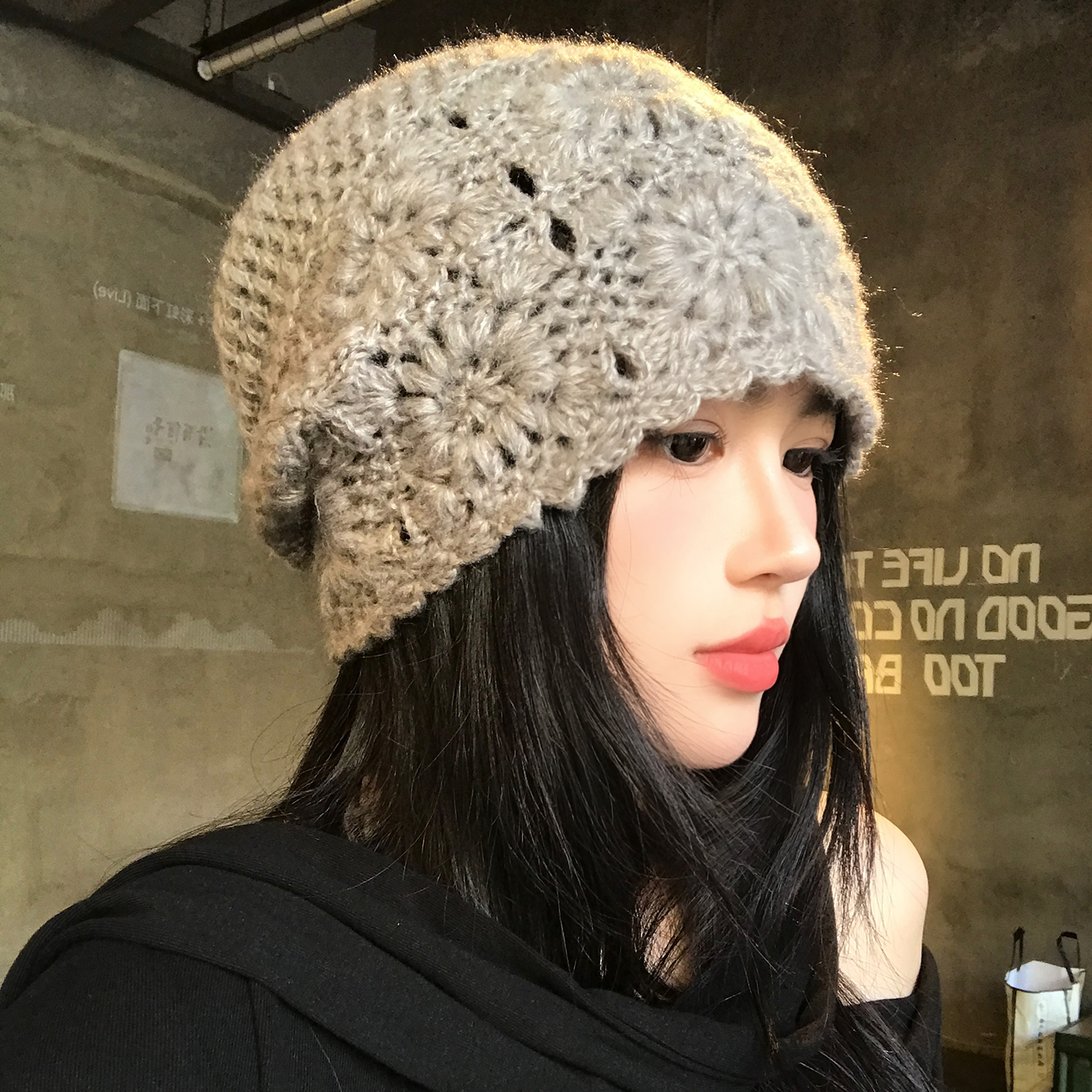 灰色针织花朵包头帽女秋冬大头围