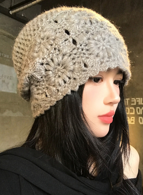 灰色针织花朵包头帽女秋冬大头围显脸小手工编织冷帽毛线套头帽子