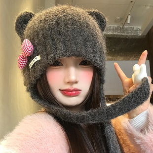 可爱小熊耳朵手掌蝴蝶结针织帽女秋冬保暖显脸小毛线护耳雷锋帽子