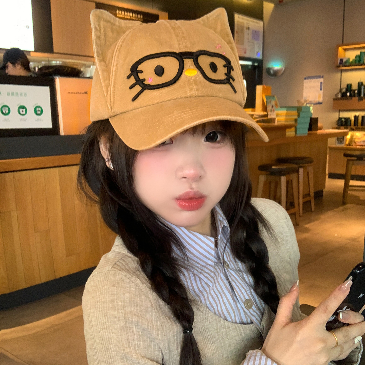 可爱卡通眼镜猫咪耳朵棒球帽女