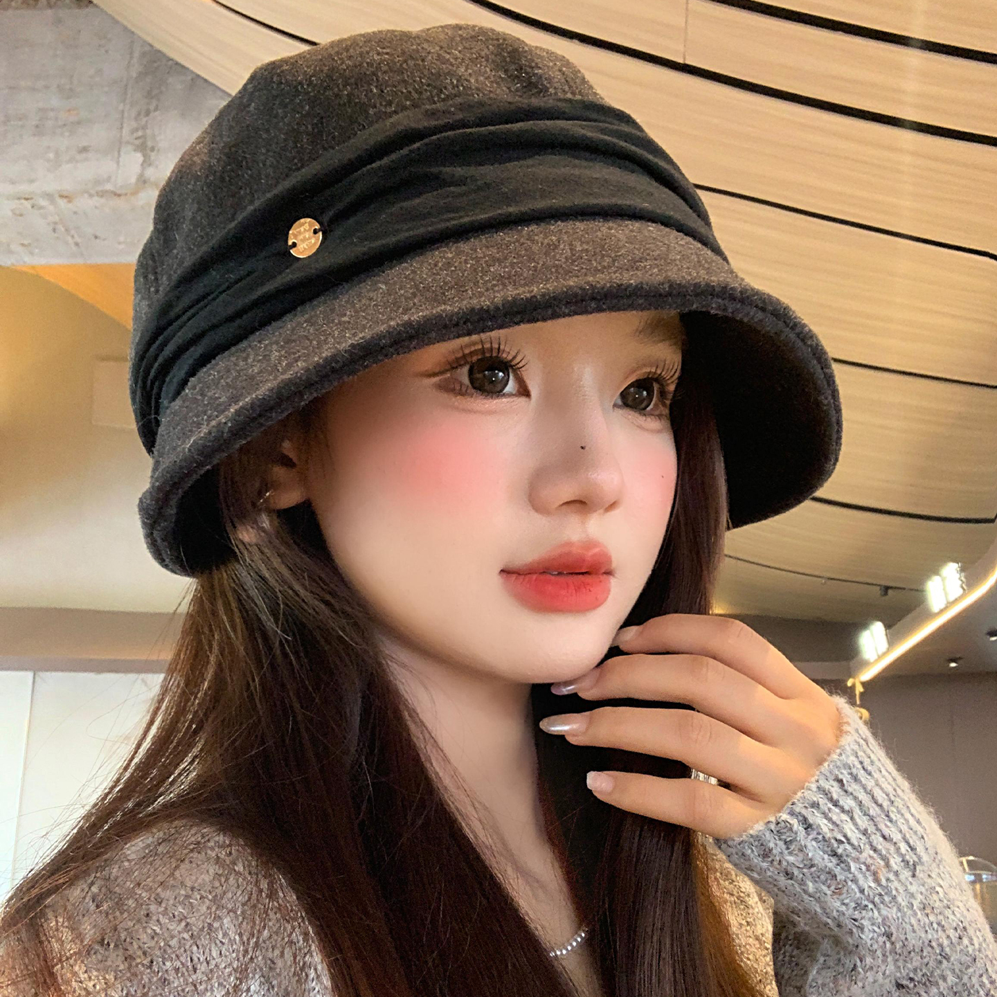 日系黑色山本风针织渔夫帽女秋冬