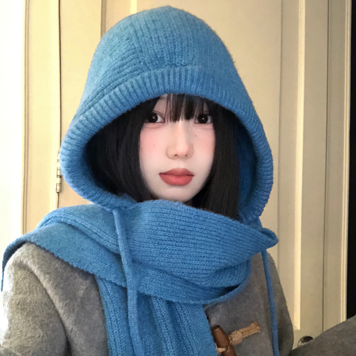 蓝色针织毛线帽子围巾一体女冬季加厚保暖护耳大头围巴拉克拉法帽