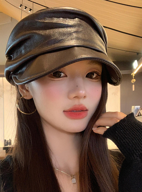 美式复古PU皮黑色贝雷帽女秋冬季