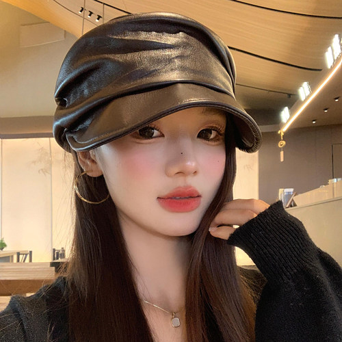 美式复古PU皮黑色贝雷帽女秋冬季
