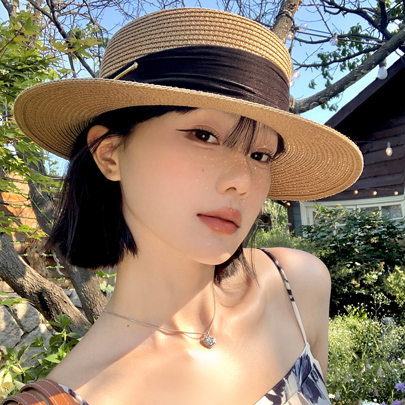 法式复古平顶草帽女夏季平檐海边图片
