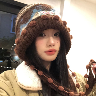 百搭大頭圍顯臉小護耳保暖套頭帽子 費爾島撞色針織毛線帽女秋冬季