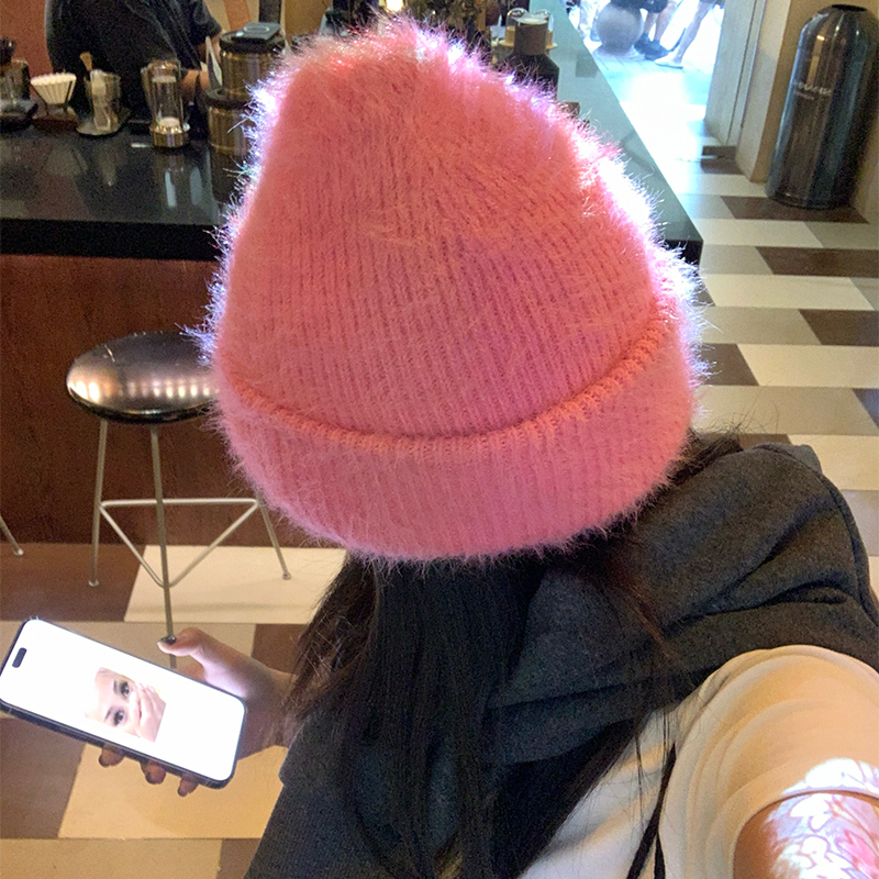 仿兔毛粉色针织毛线帽女2025年